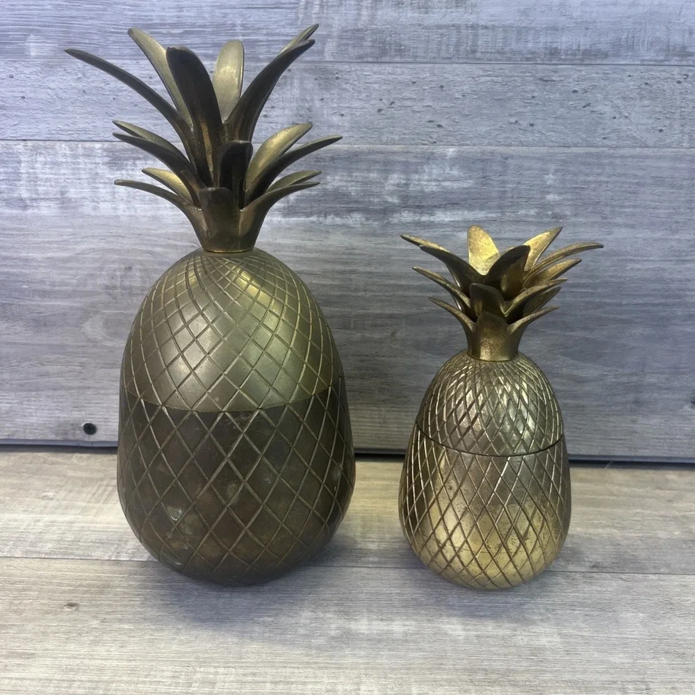 Pineapple Solid Brass Trinket Jar Vintage Container Canister Set of 2